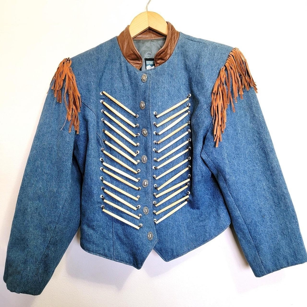 Rare vintage western Denim fringe jacket with bone accent
